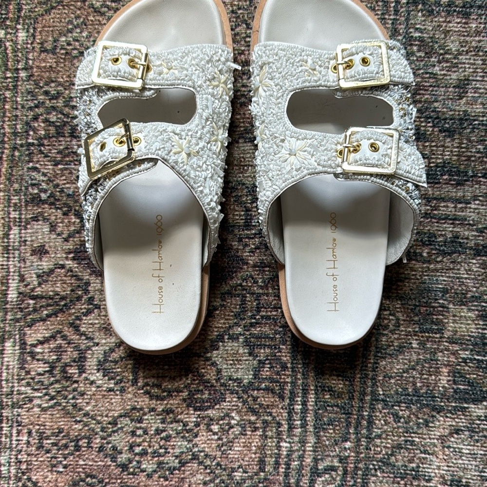 House of Harlow 1960 Cream and Gold Buckle Sandals